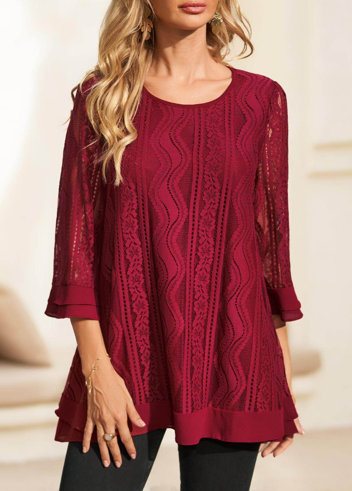 Lace Stitching 3/4 Sleeve Wine Red Blouse