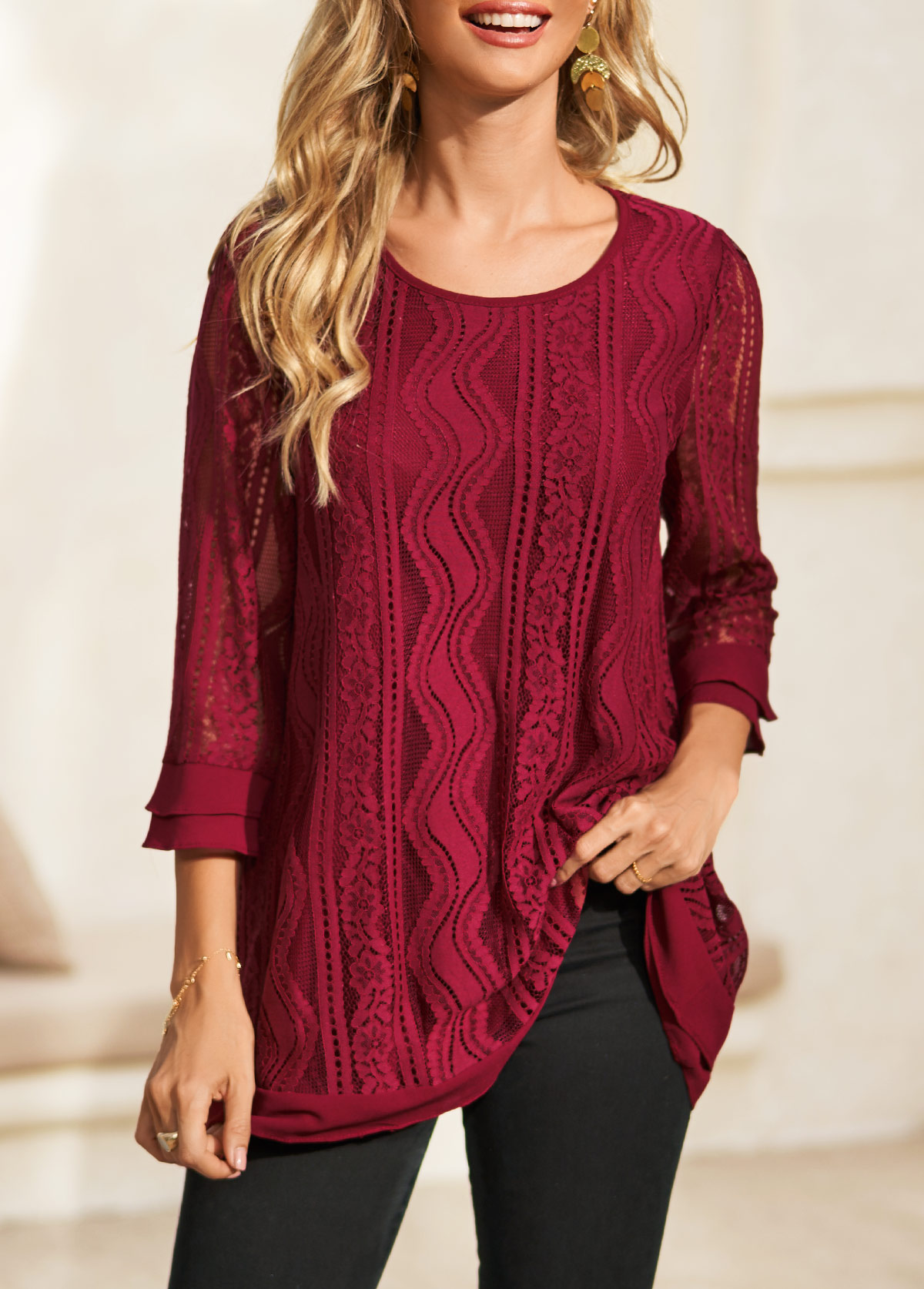 Lace Stitching 3/4 Sleeve Wine Red Blouse