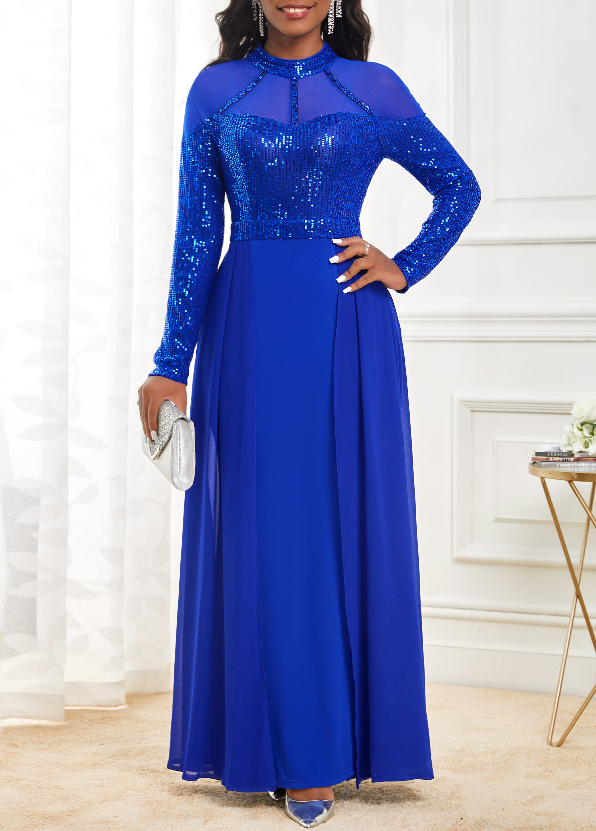 Shinning Sapphire Blue Side Slit Maxi Dress