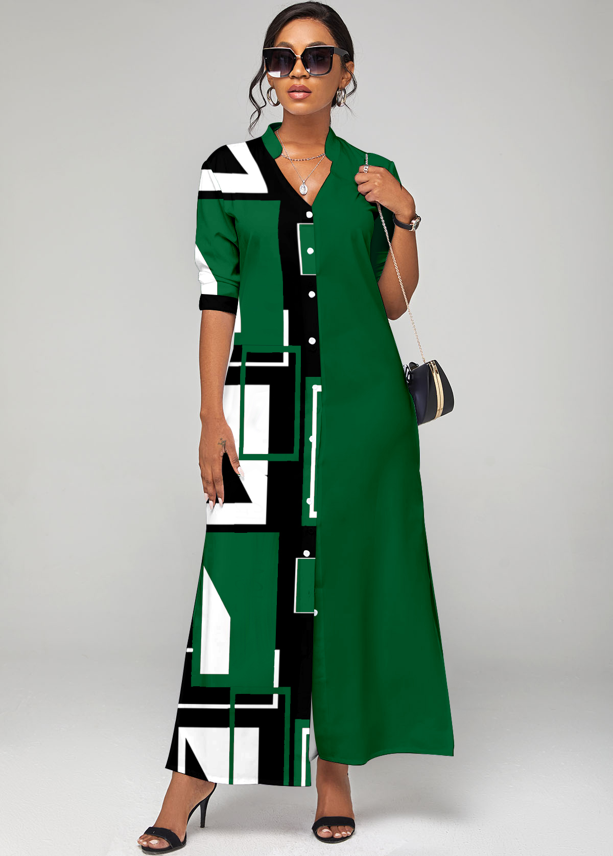 Geometric Print Button Up Green Split Neck Dress