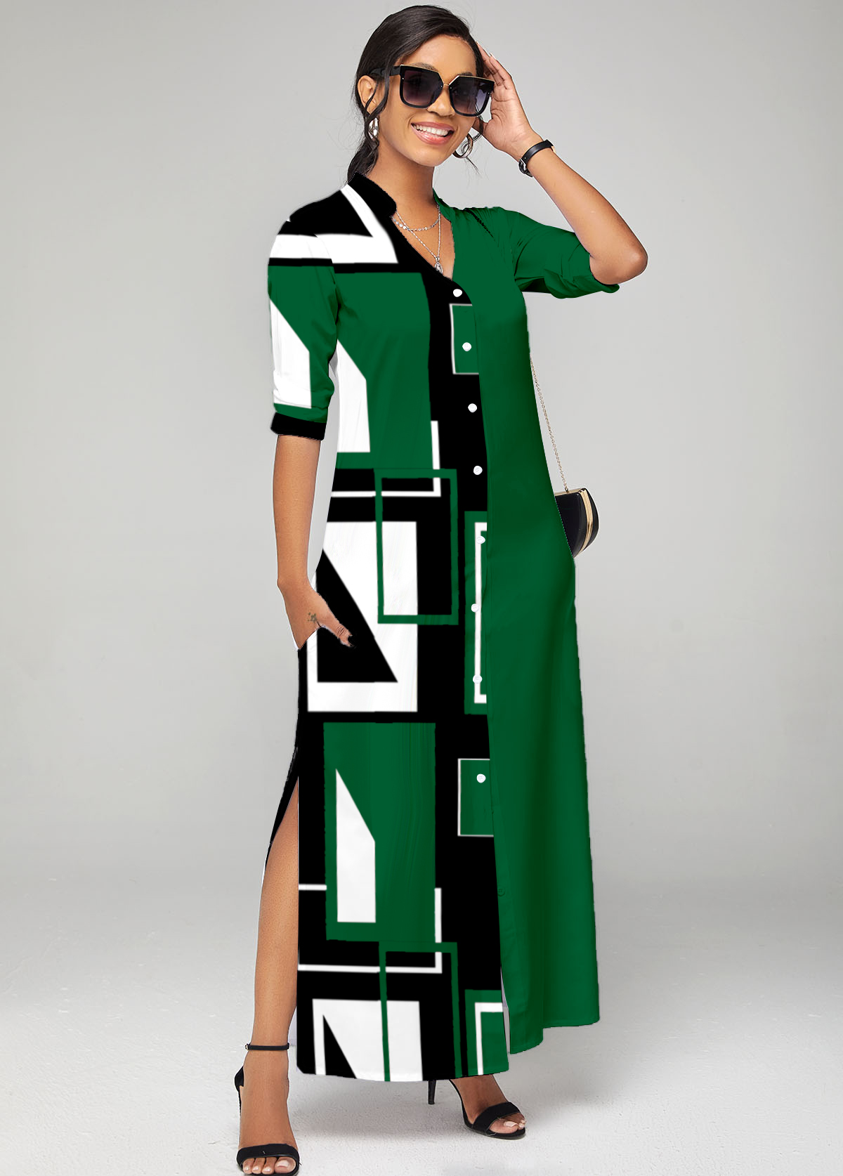 Geometric Print Button Up Green Split Neck Dress
