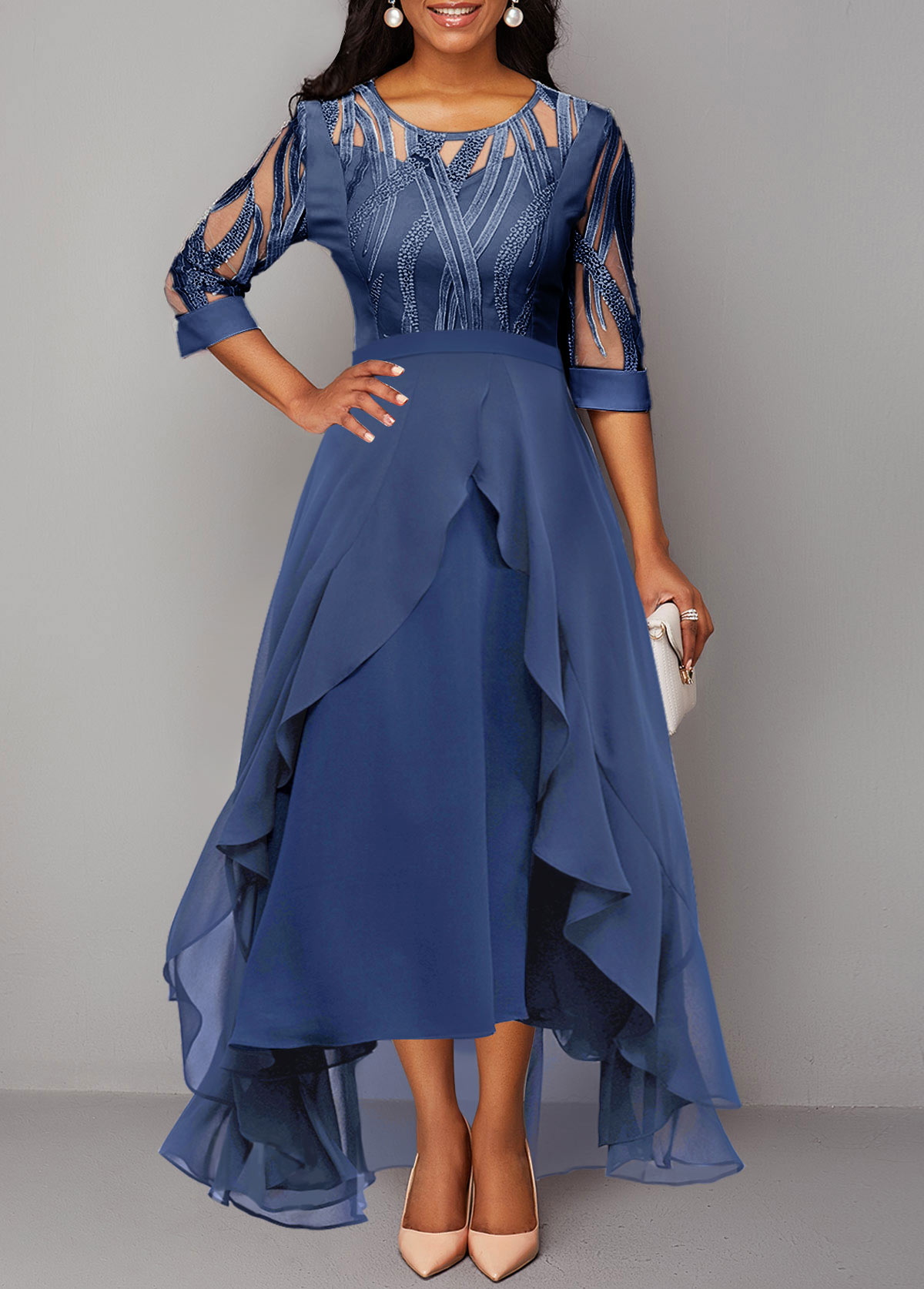 Sequin Blue Mesh Stitching High Low Dress