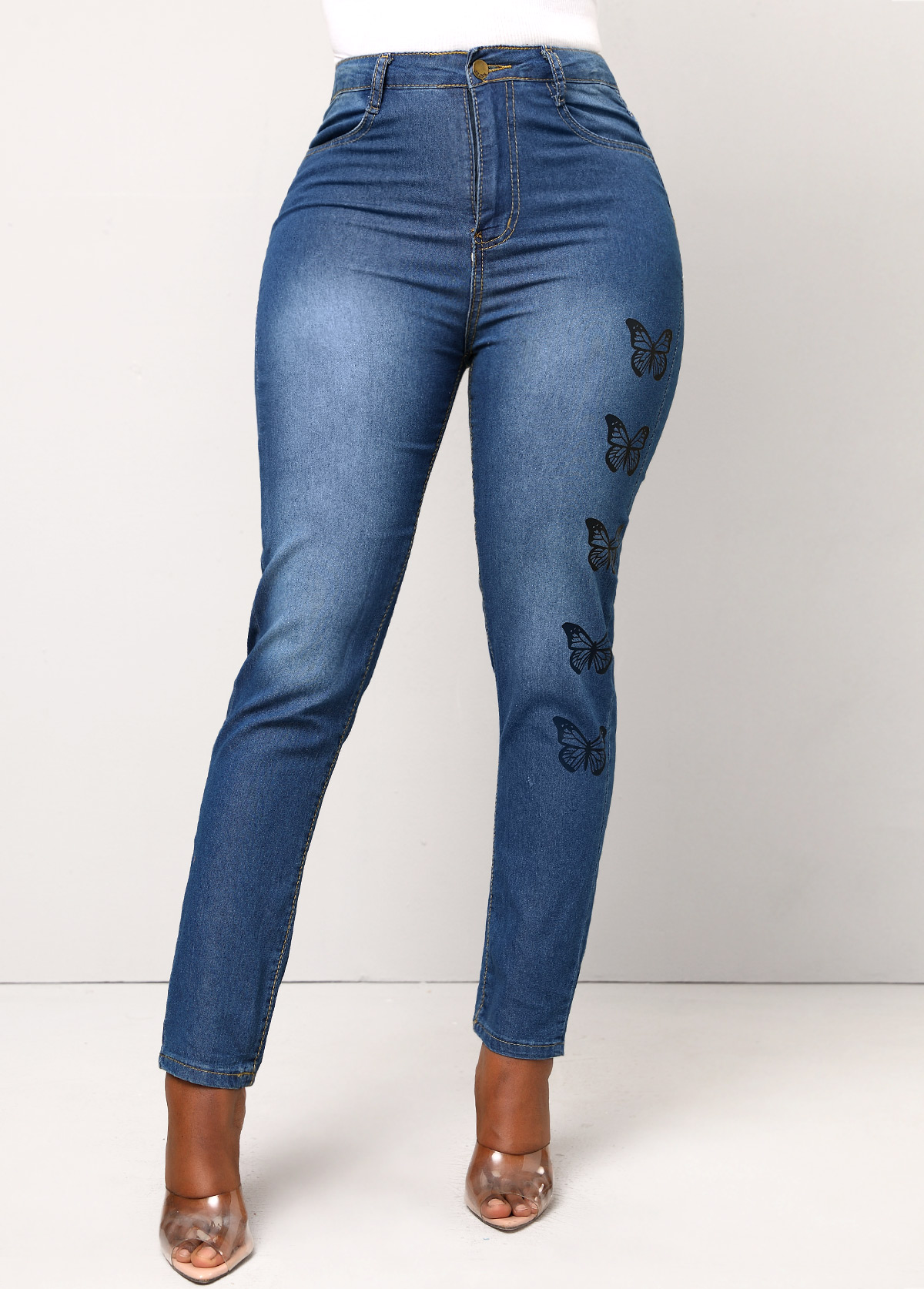 Butterfly Print Double Side Pockets Denim Blue Jeans