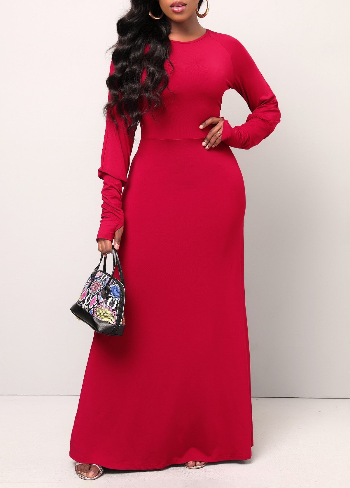 Wine Red Round Neck Long Sleeve Maxi Dress