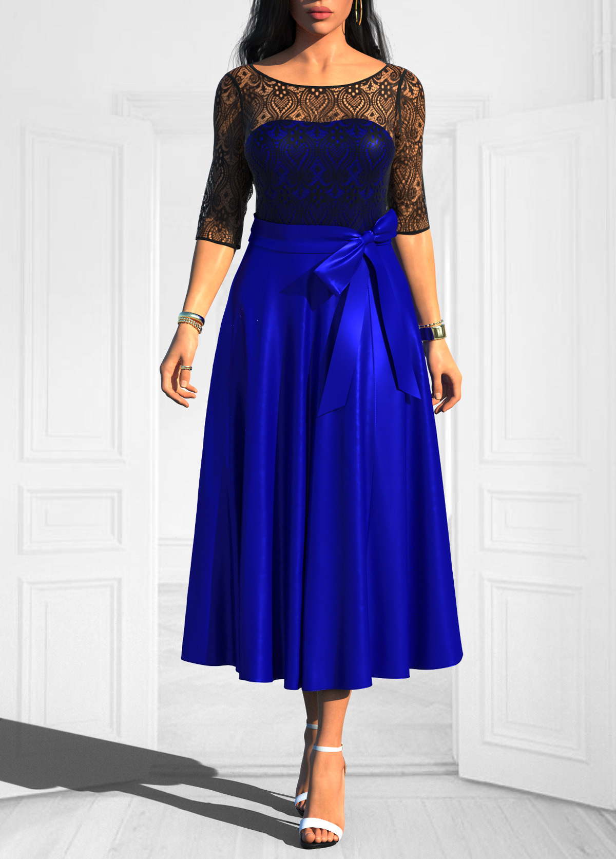 Bowknot Lace Stitching Royal Blue Belted Dress