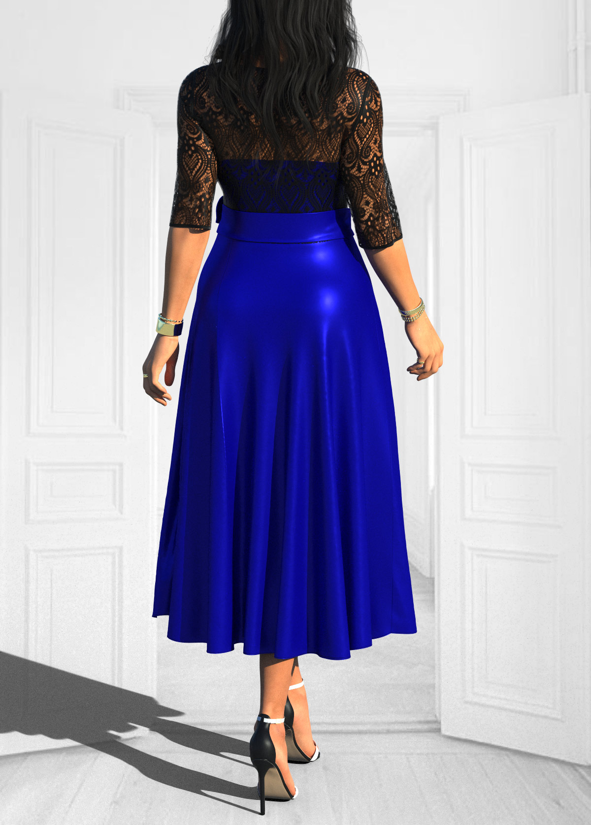 Bowknot Lace Stitching Royal Blue Belted Dress