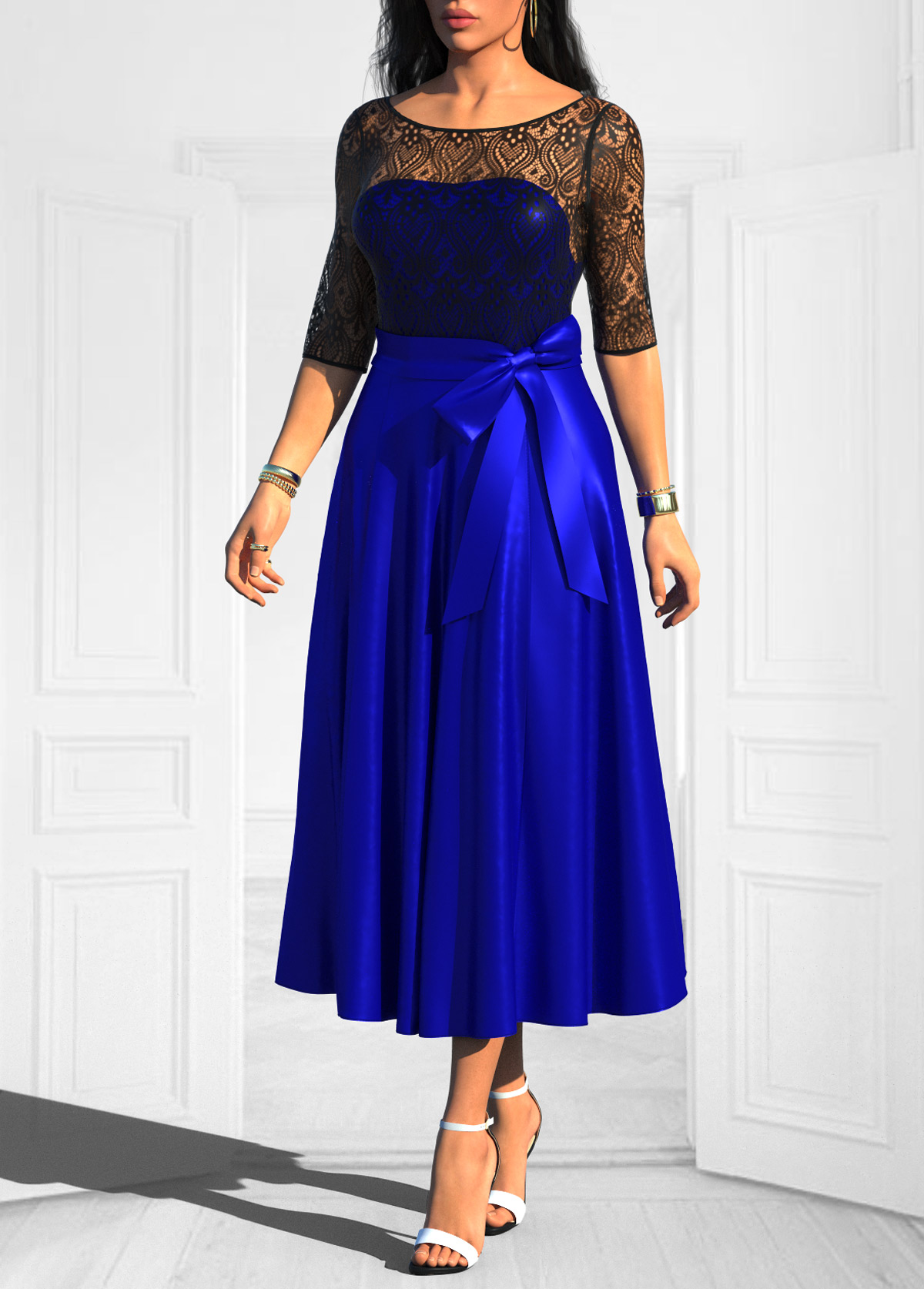 Bowknot Lace Stitching Royal Blue Belted Dress