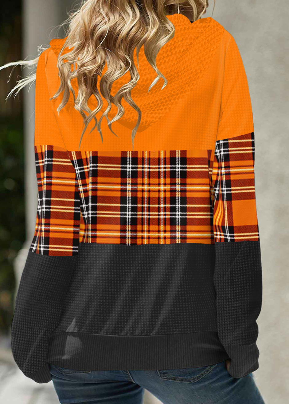 Orange Plus Size Zipper Tartan Print Hoodie
