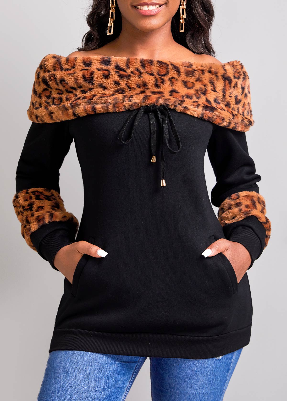 Leopard Pocket Black Off Shoulder Long Sleeve Sweatshirt