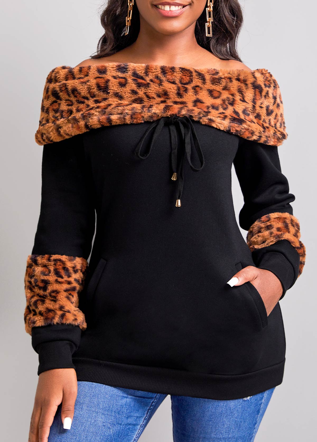 Leopard Pocket Black Off Shoulder Long Sleeve Sweatshirt