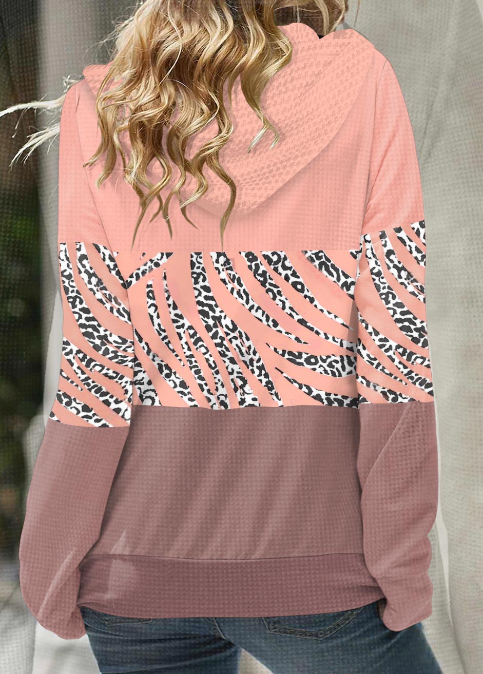 Leopard Zipper Pink Long Sleeve Hoodie