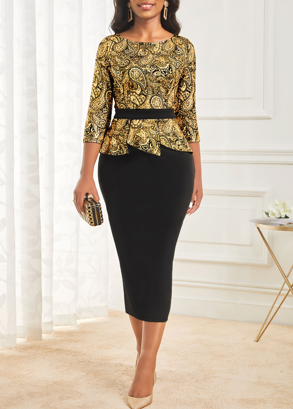 Hot Stamping Golden Paisley Print Bodycon Dress
