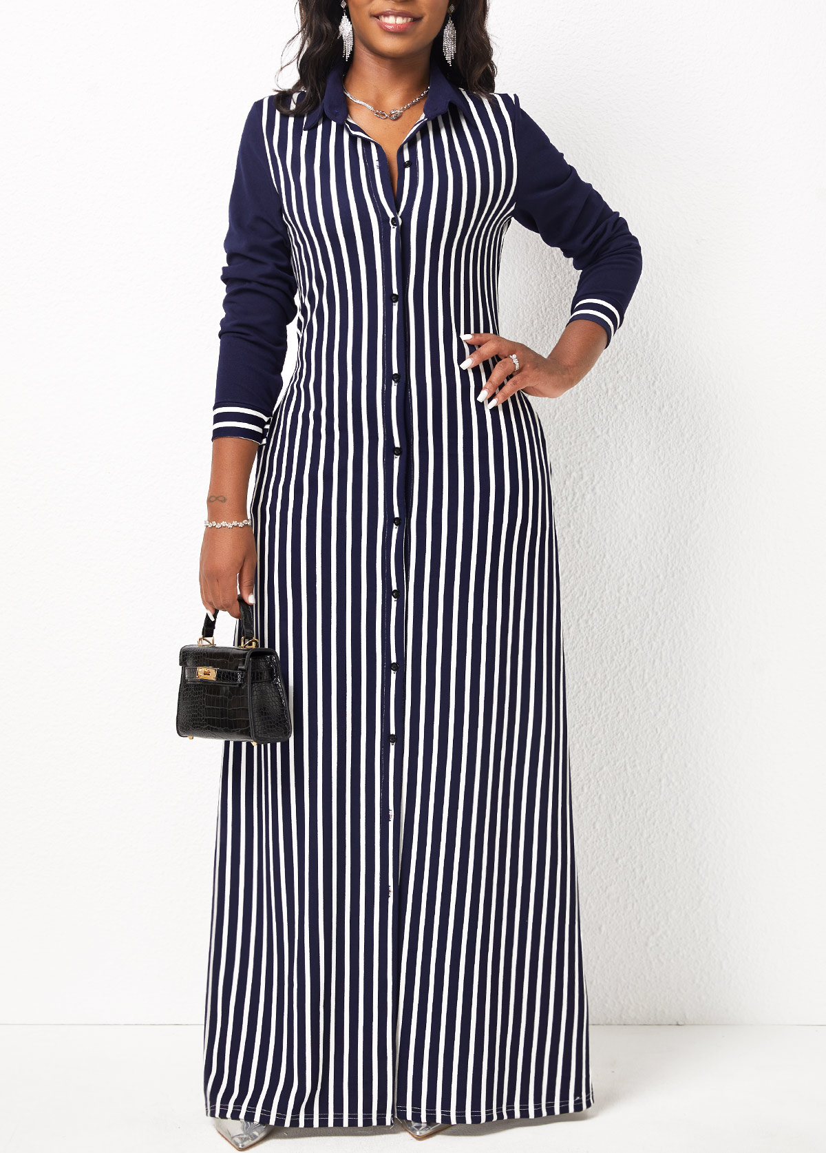 Striped Long Sleeve White Pocket Maxi Dress