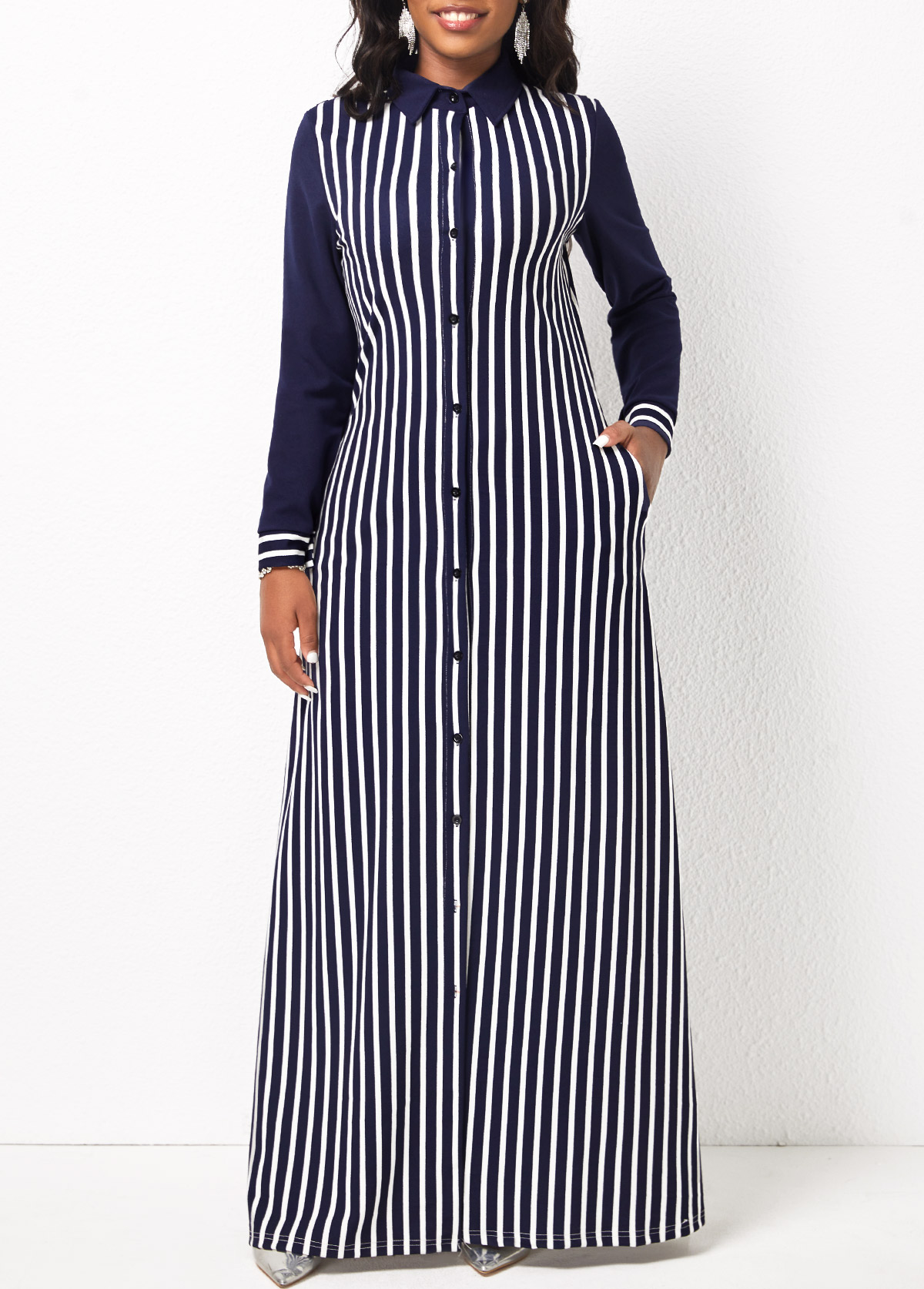 Striped Long Sleeve White Pocket Maxi Dress