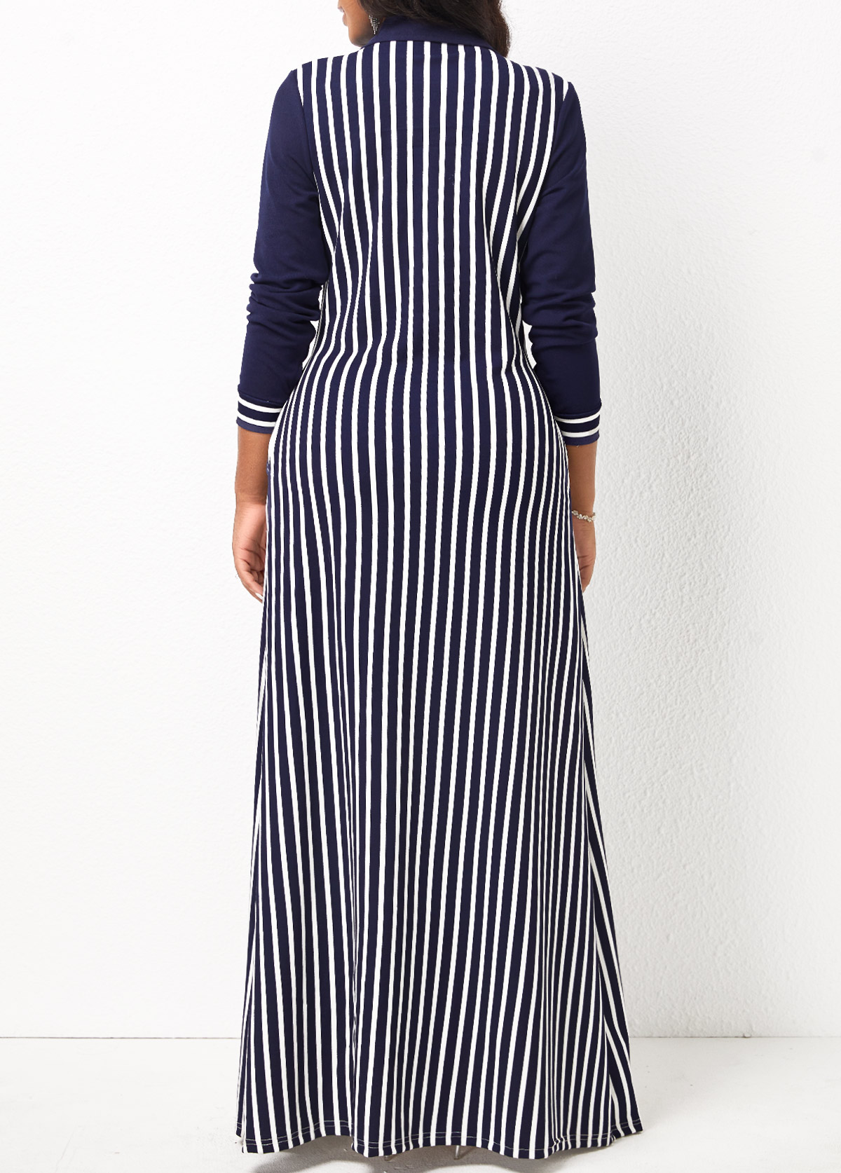 Striped Long Sleeve White Pocket Maxi Dress