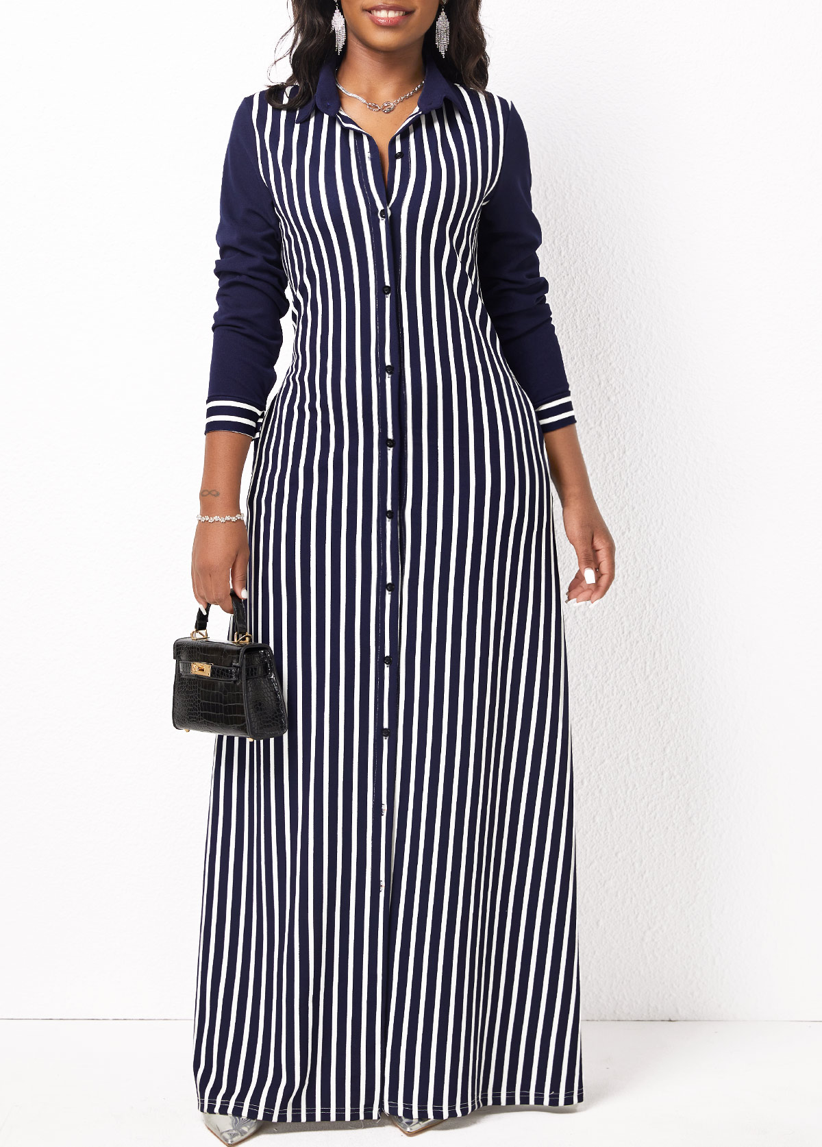 Striped Long Sleeve White Pocket Maxi Dress