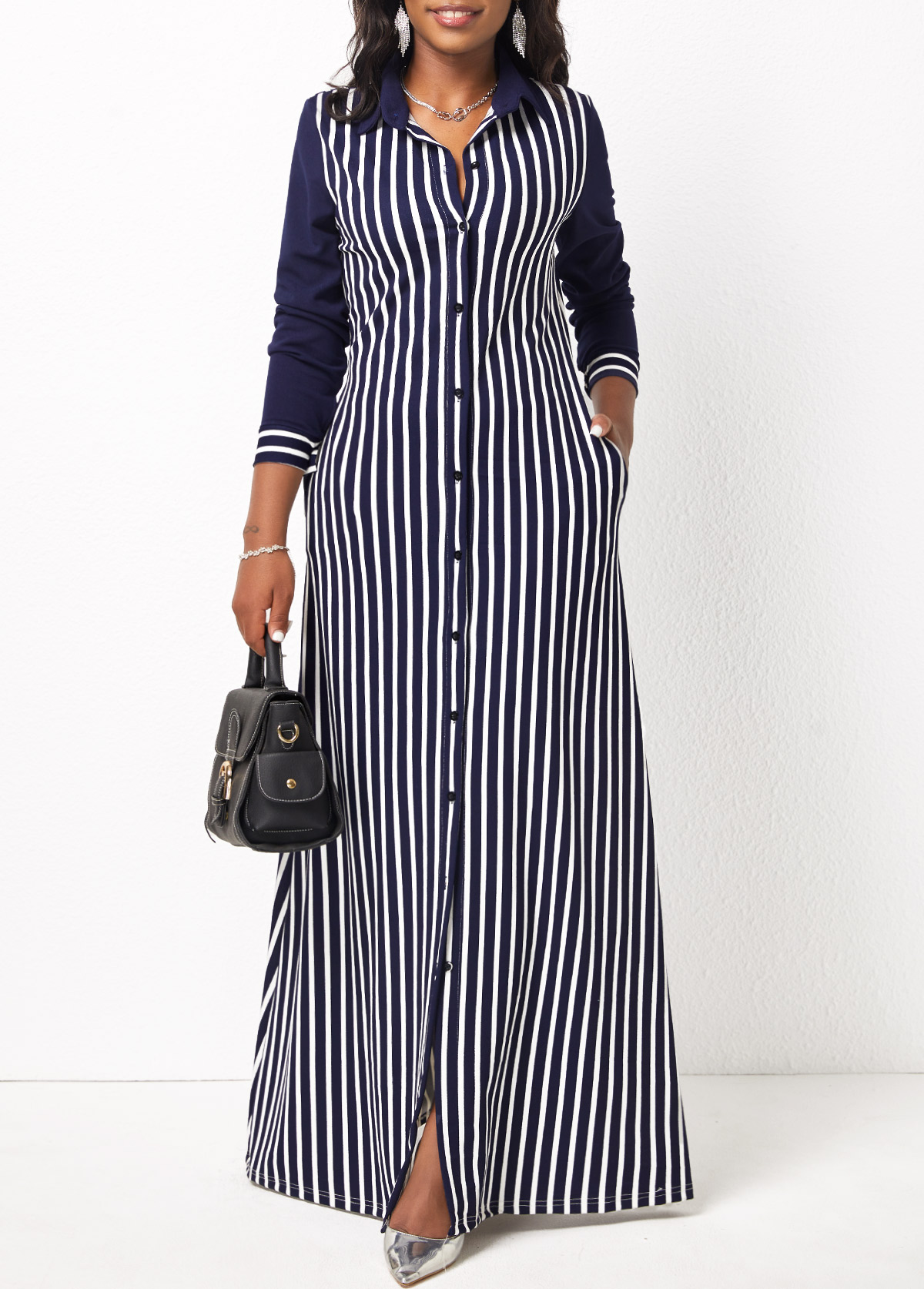 Striped Long Sleeve White Pocket Maxi Dress
