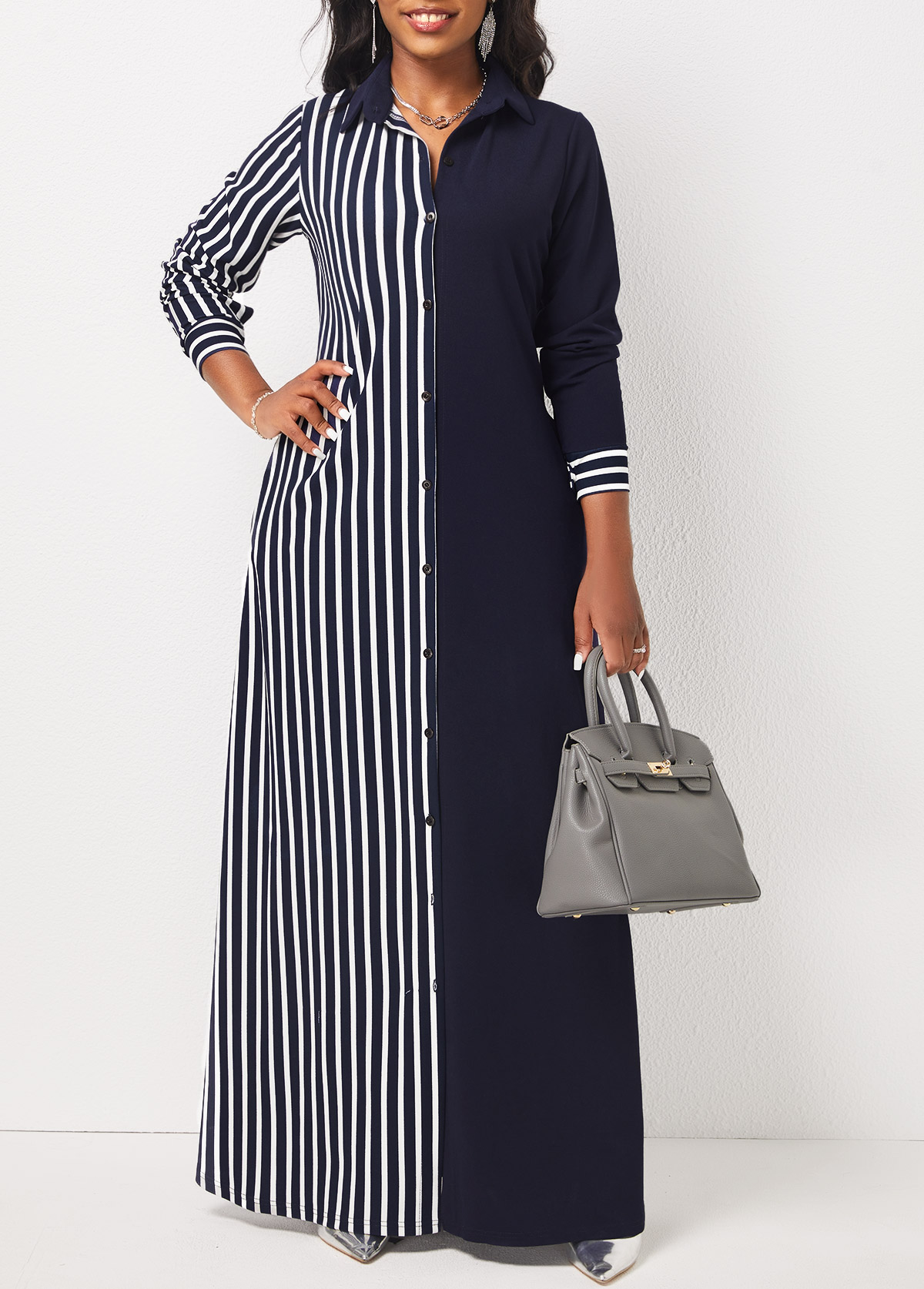 Striped Pocket Navy H Shape Maxi Dress
