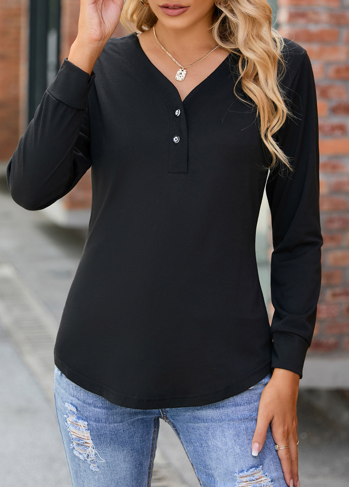Black V Neck Long Sleeve Button T Shirt