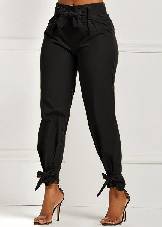 Belted Black Elastic Mid Waisted Pants