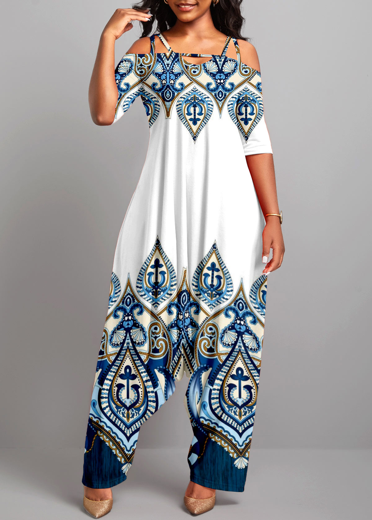 Tribal Print Half Sleeve White Jumpsuit