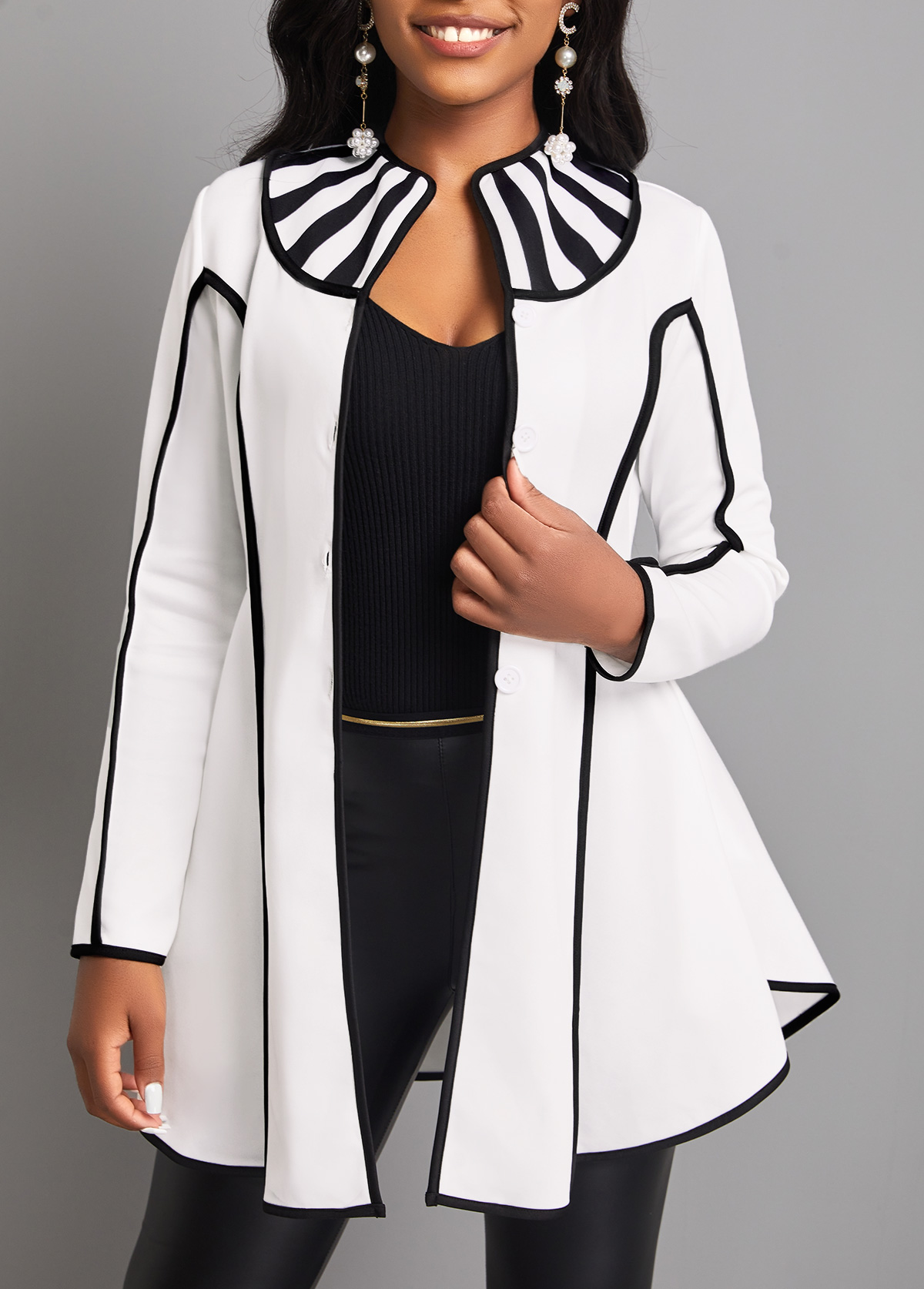 Striped Contrast Binding White Stand Collar Coat