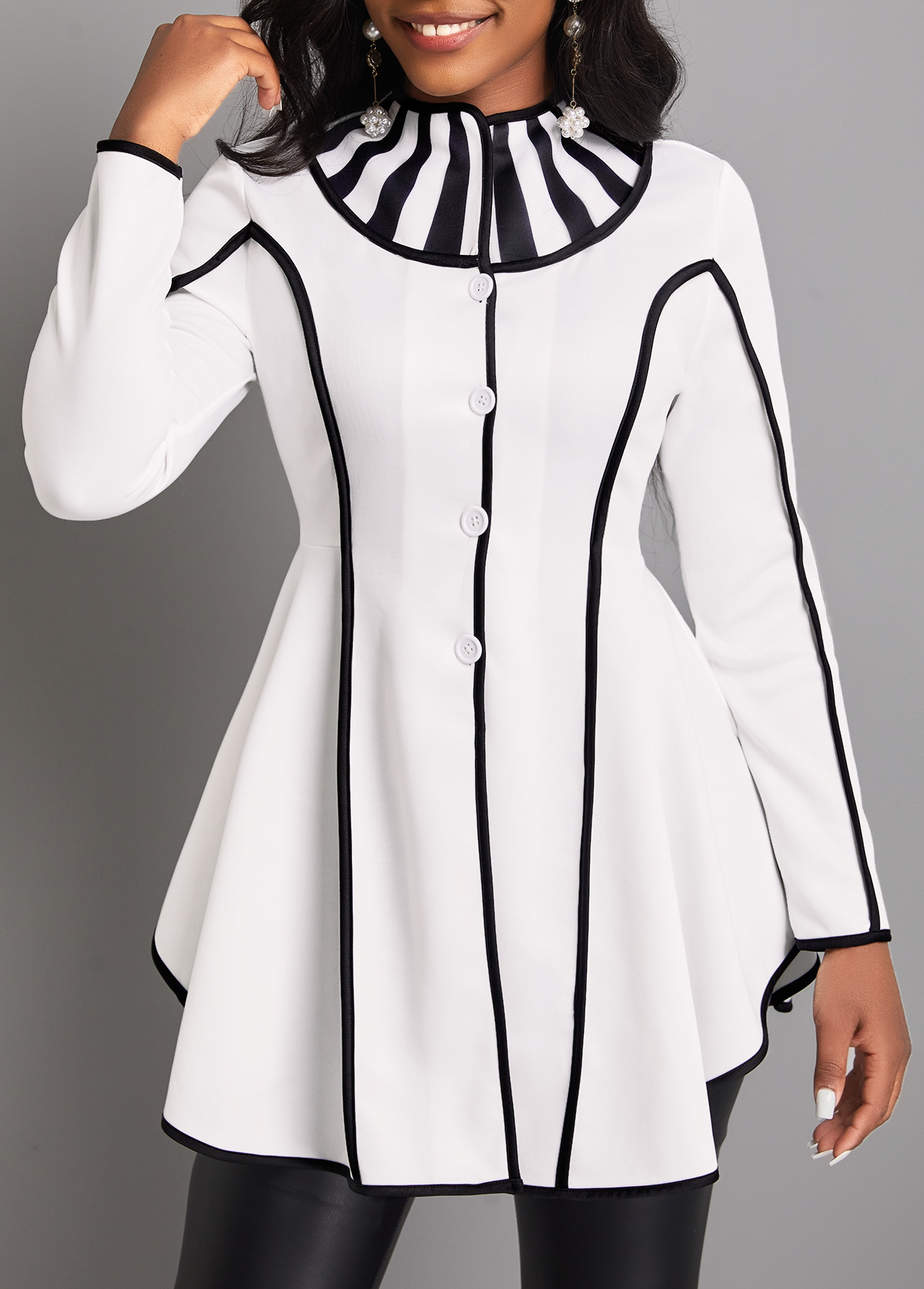 Striped Contrast Binding White Stand Collar Coat