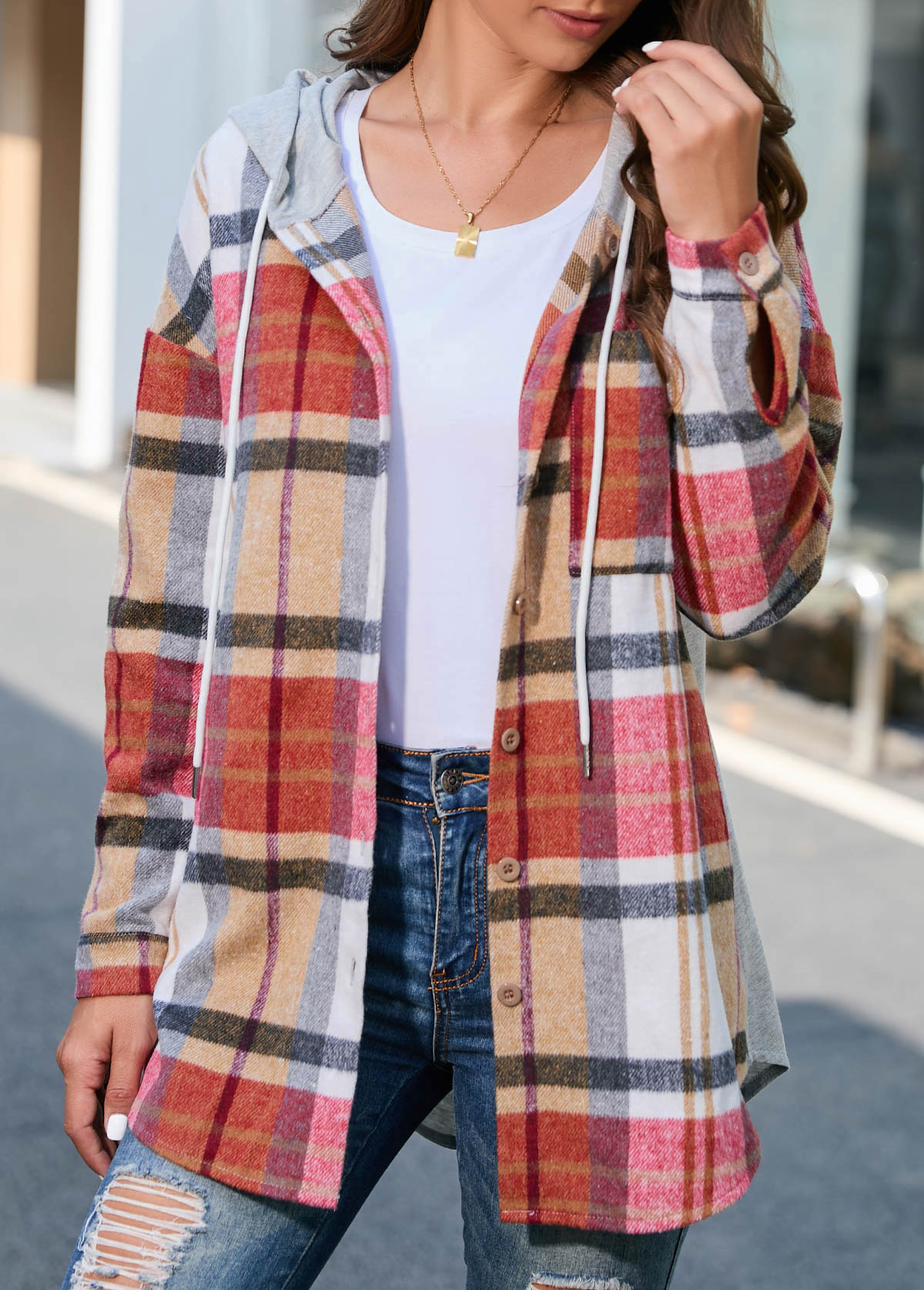 Plus Size Multi Color Plaid Long Sleeve Coat
