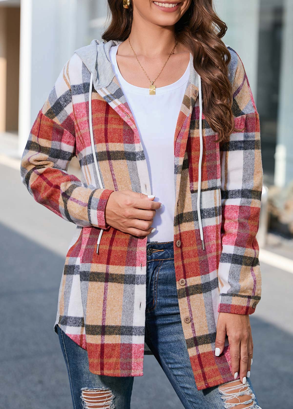 Plaid Button Multi Color Hooded Long Sleeve Coat