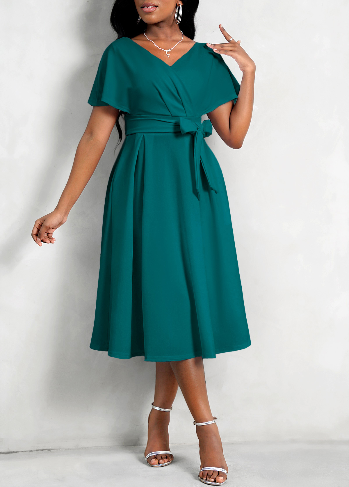 Short Sleeve V Neck Turquoise Belted Dress