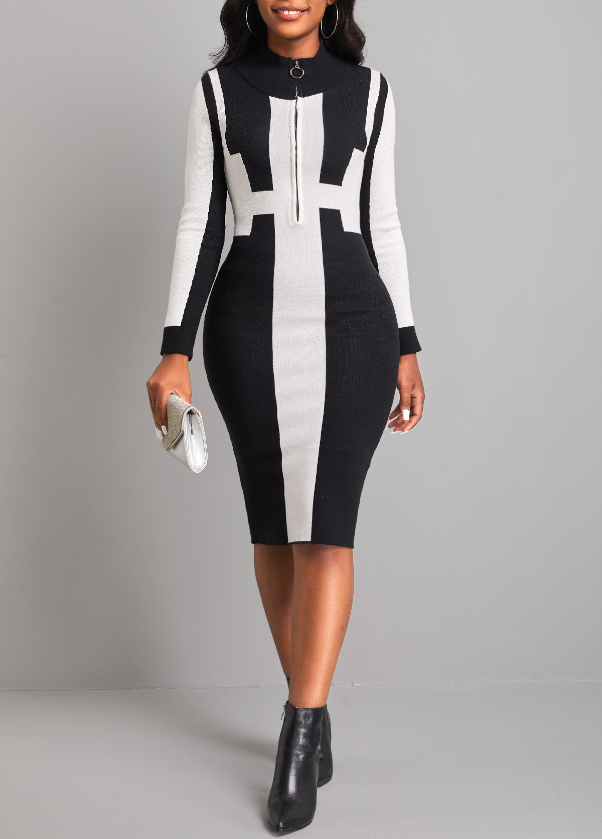 Black High Neck Long Sleeve Zipper Sweater Dress