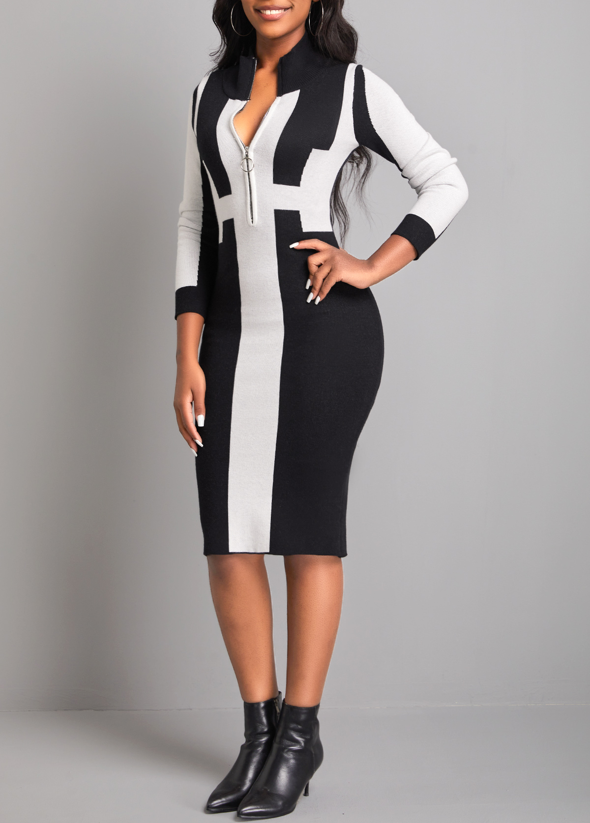 Black High Neck Long Sleeve Zipper Sweater Dress