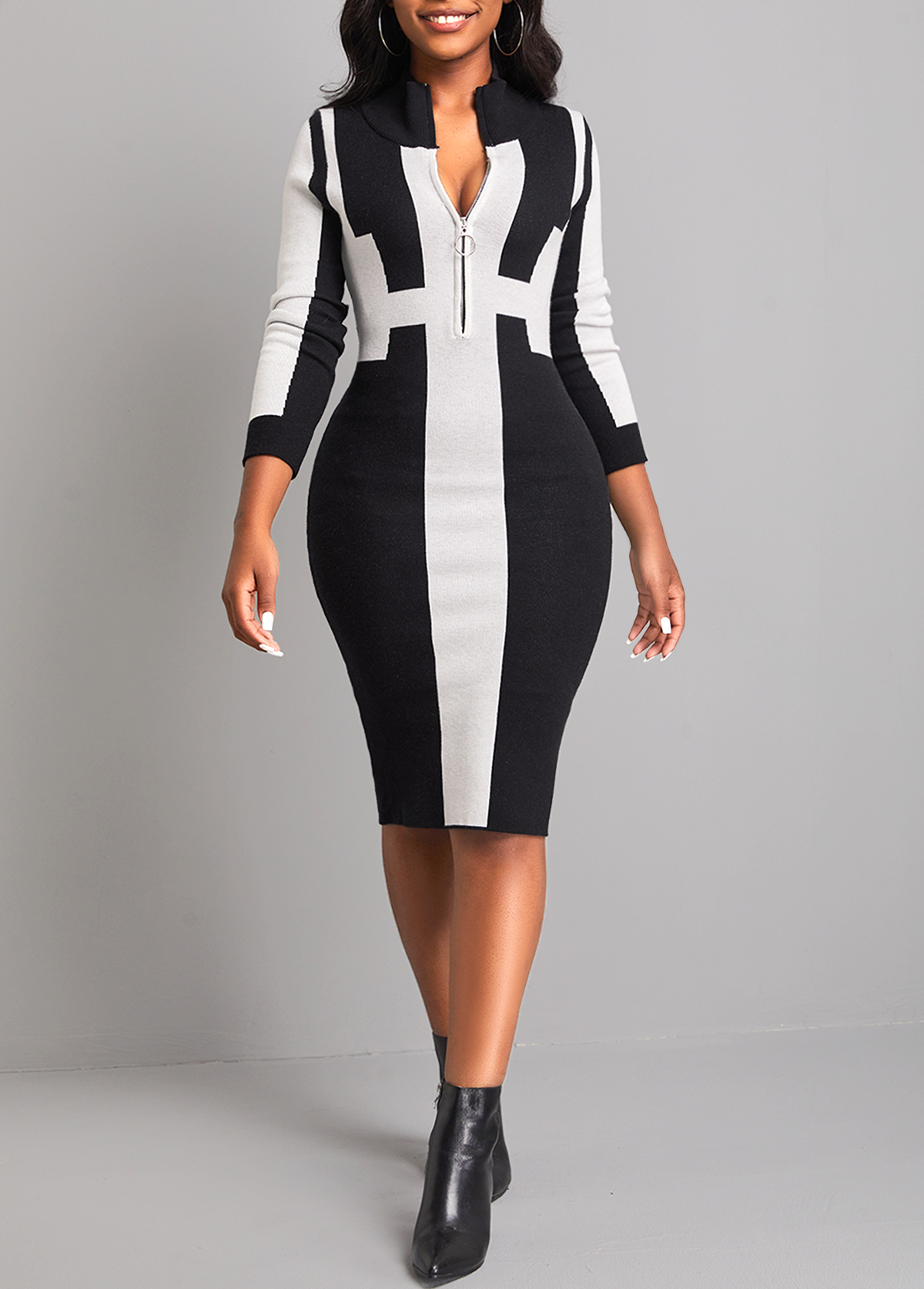 Black High Neck Long Sleeve Zipper Sweater Dress