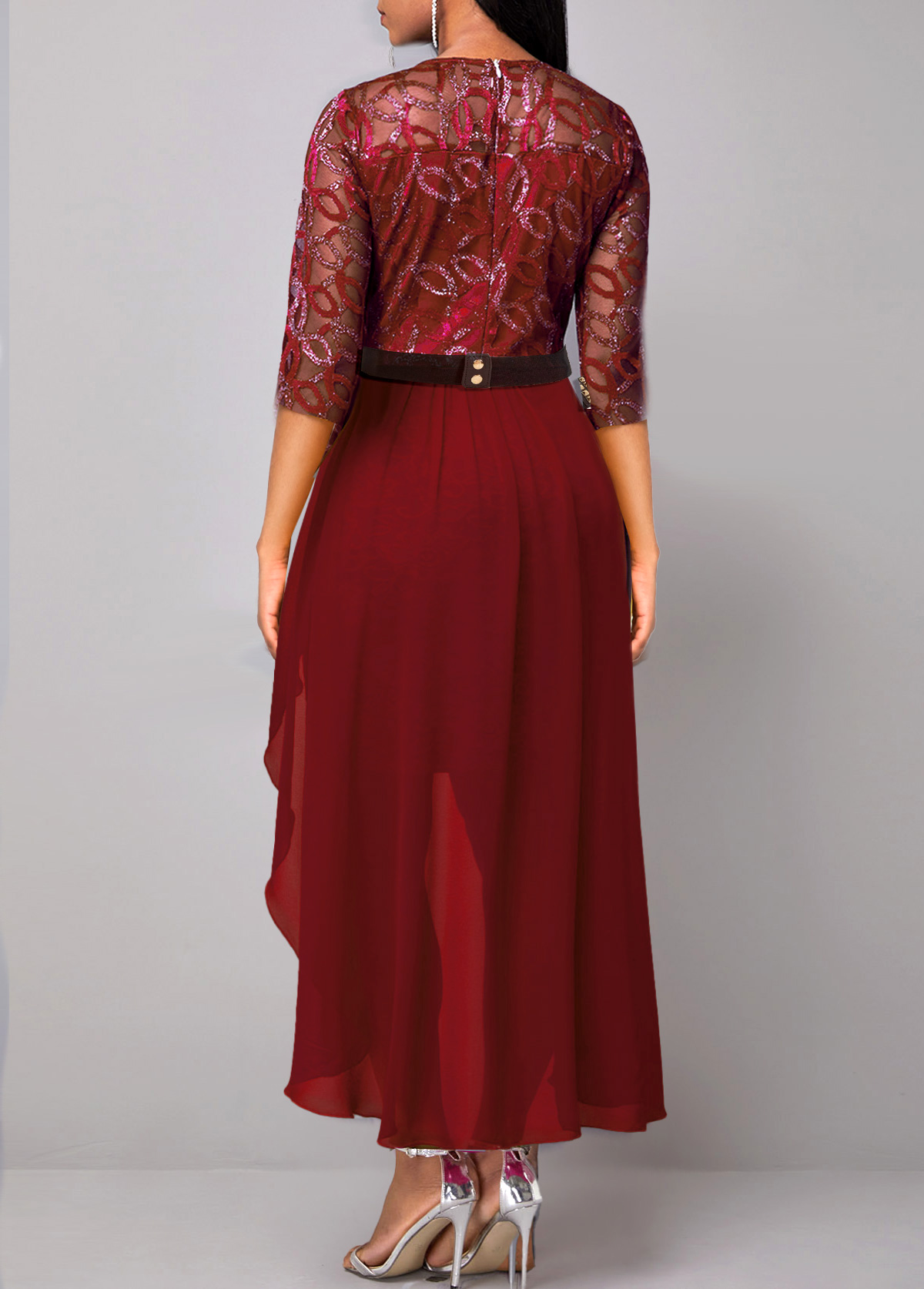 Lace Patchwork Wine Red 3/4 Sleeve Dress