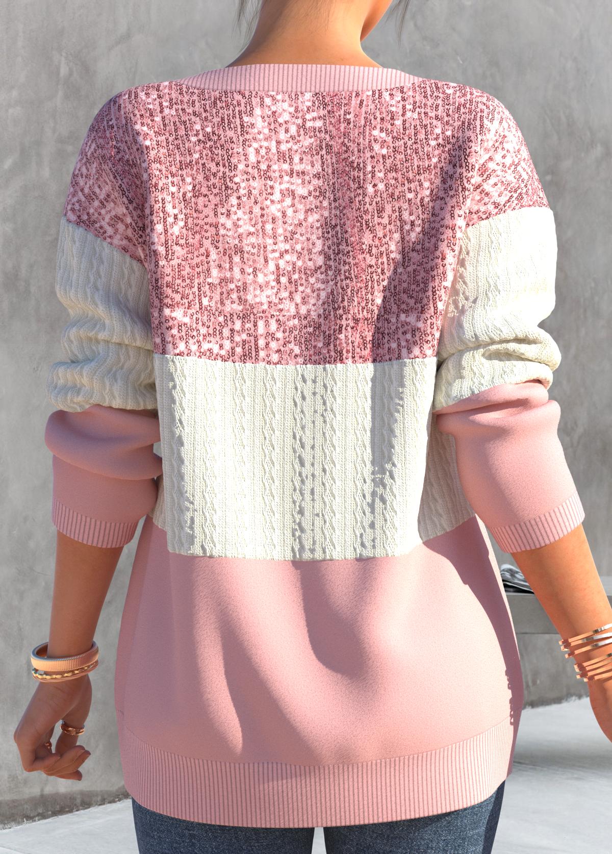 Light Pink Round Neck Contrast Color Sweatshirt