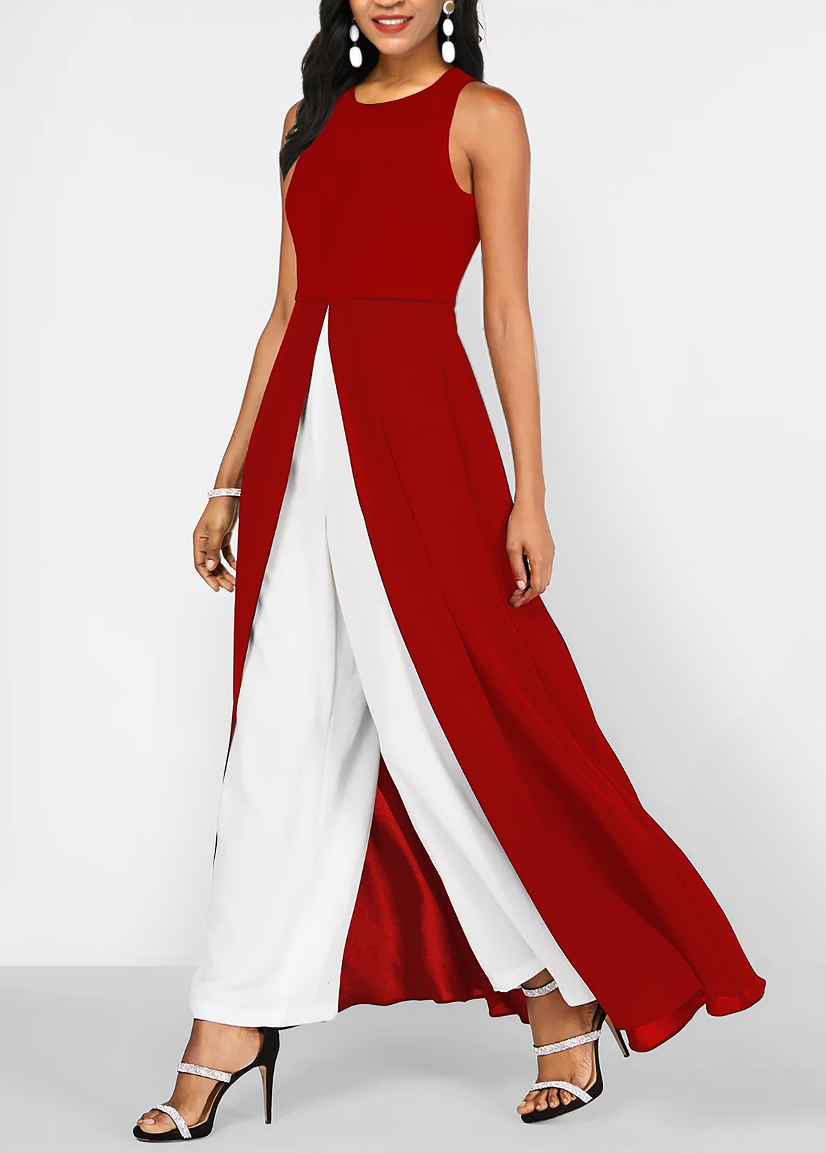 Round Neck Contrast Red Sleeveless Jumpsuit