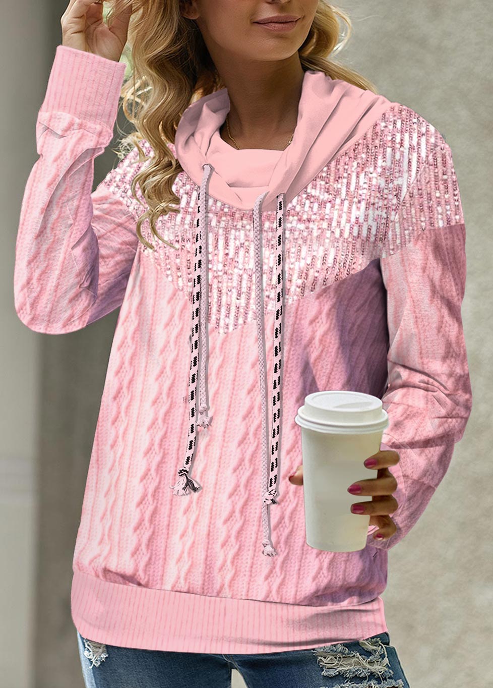 Pink Cowl Neck Regular Sleeve Sweatshirt