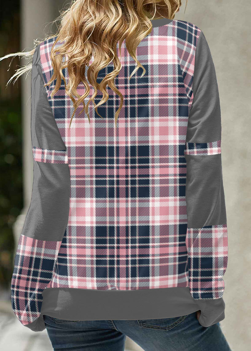 Tartan Print Pink Cowl Neck Regular Sleeve Sweatshirt