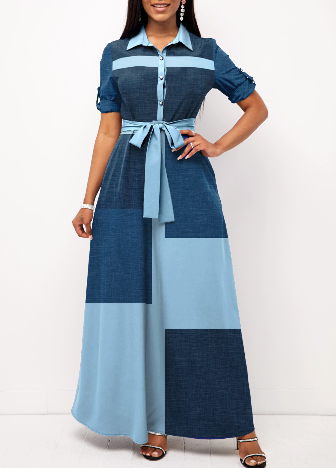 Geometric Print Contrast Belted Blue Maxi Dress