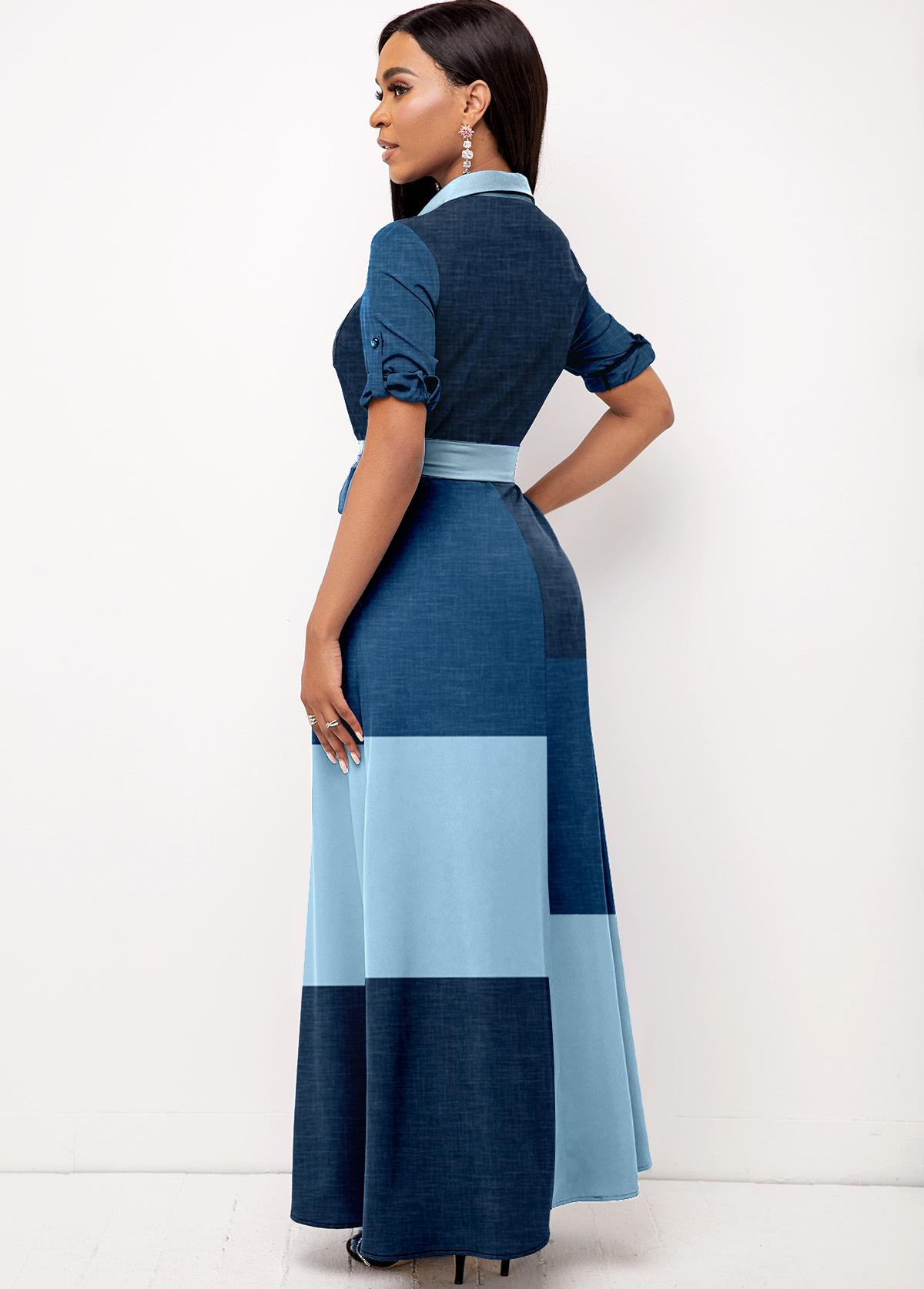 Geometric Print Contrast Belted Blue Maxi Dress
