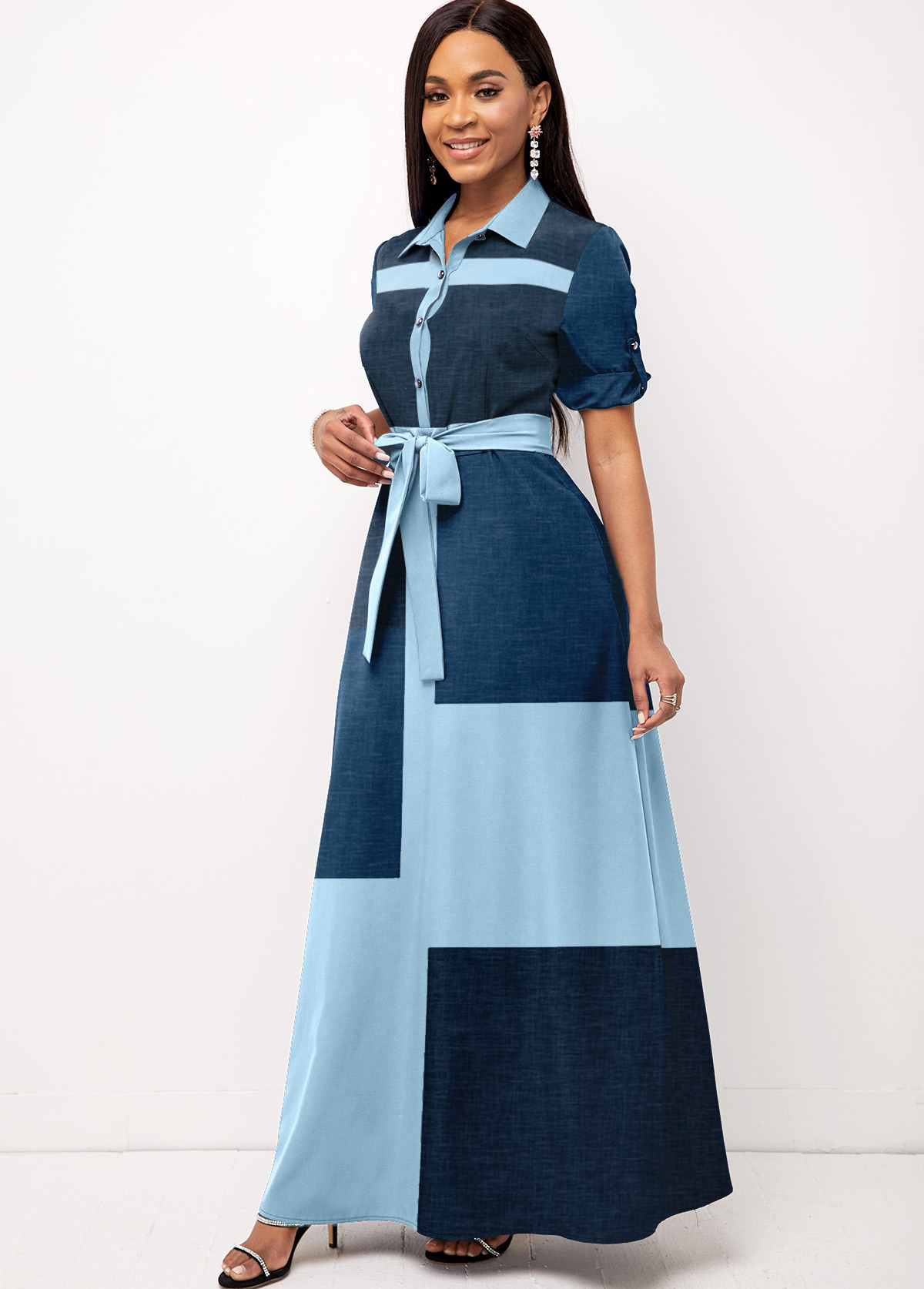 Geometric Print Contrast Belted Blue Maxi Dress