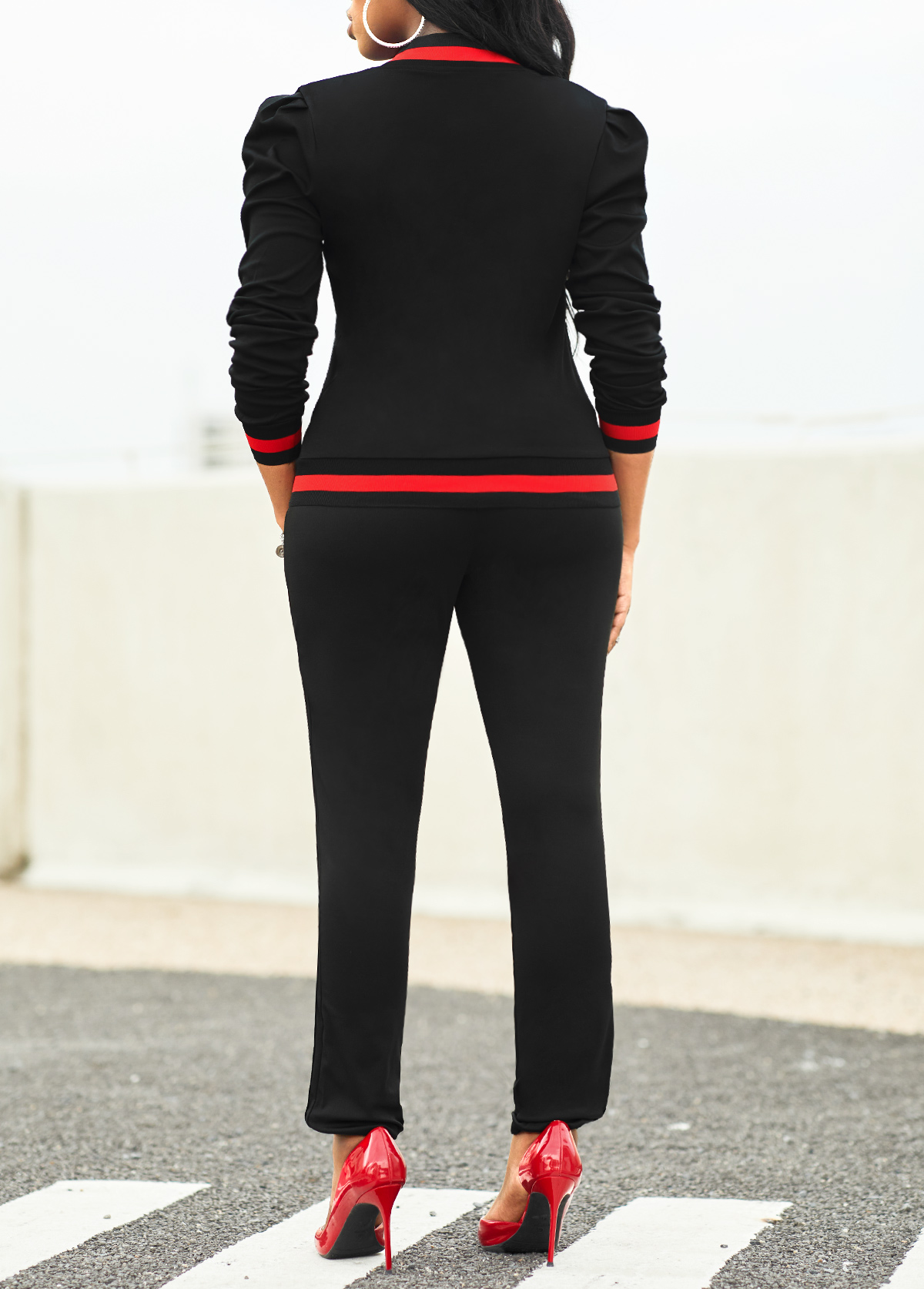 Contrast Binding Black Long Sleeve Sweatsuit Set