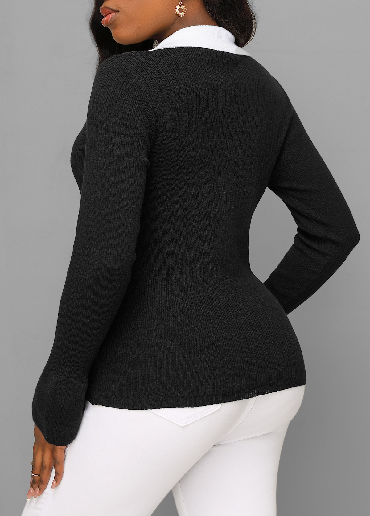 Contrast Color Black Polo Collar Long Sleeve Sweater
