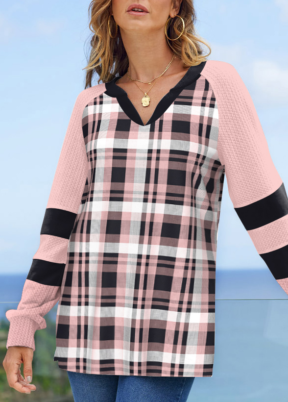 Pink Plus Size Tartan Print Raglan Sleeve Sweatshirt