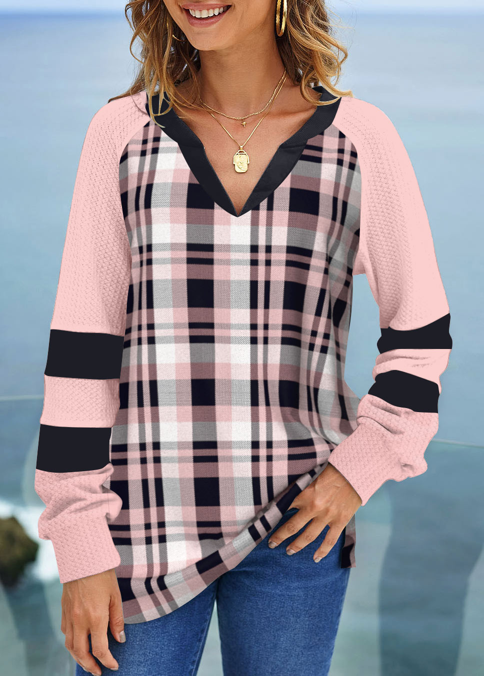 Pink Plus Size Tartan Print Raglan Sleeve Sweatshirt