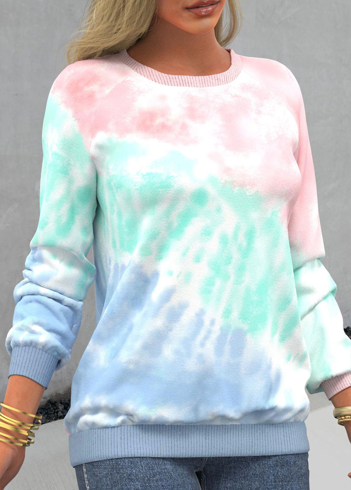 Tie Dye Print Ombre Long Sleeve Pink Sweatshirt