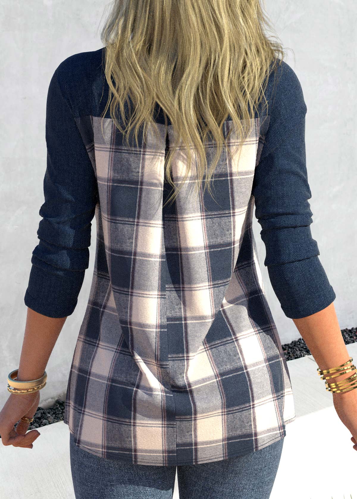 Tartan Print Zipper Denim Blue Split Neck Blouse