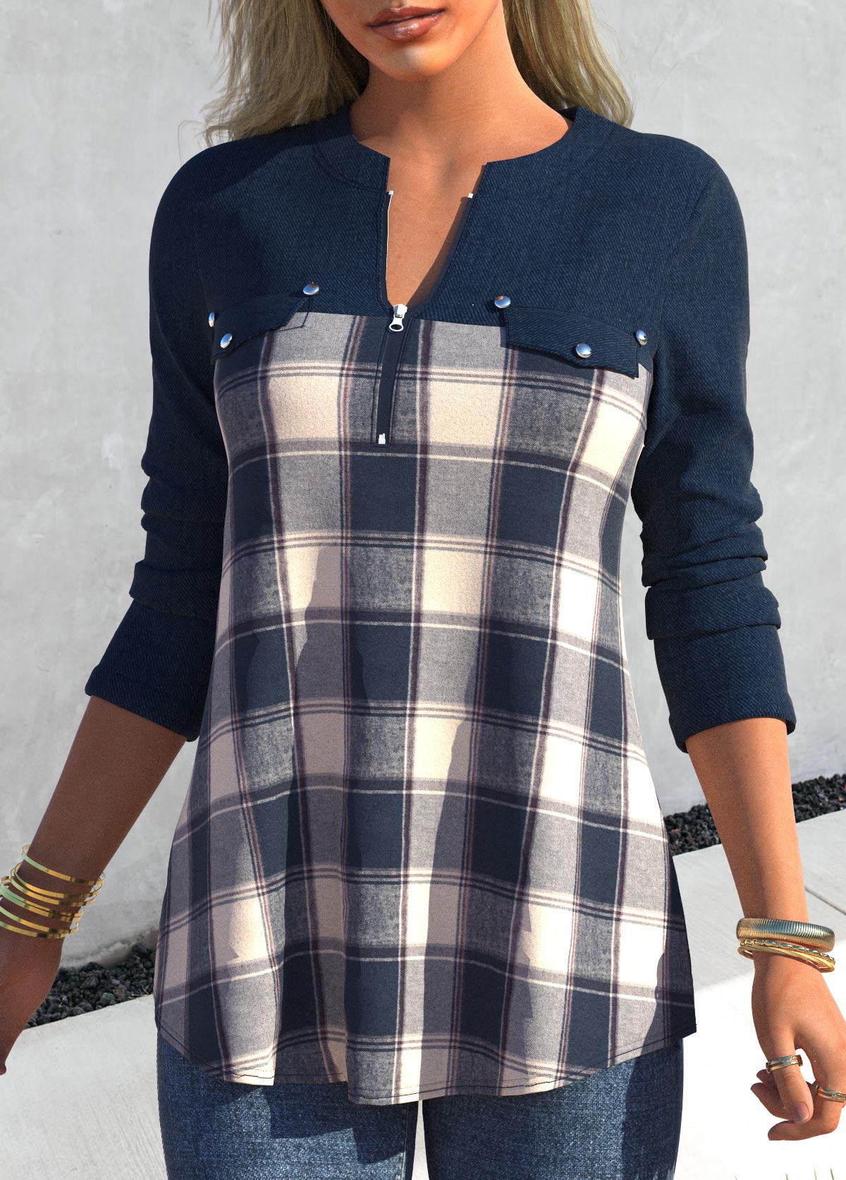 Tartan Print Zipper Denim Blue Split Neck Blouse