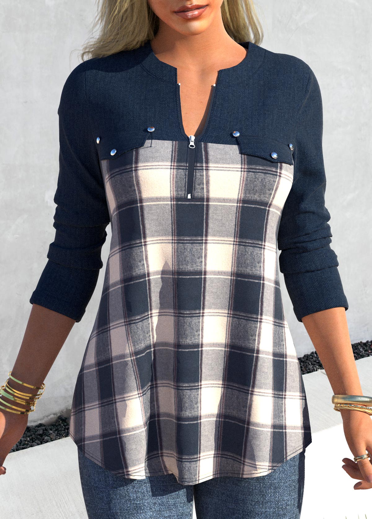 Tartan Print Zipper Denim Blue Split Neck Blouse