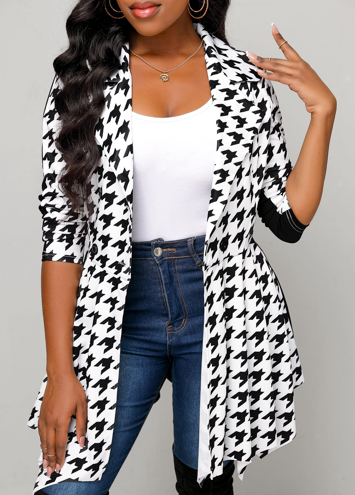 Houndstooth Print Button Belted Black Lapel Coat